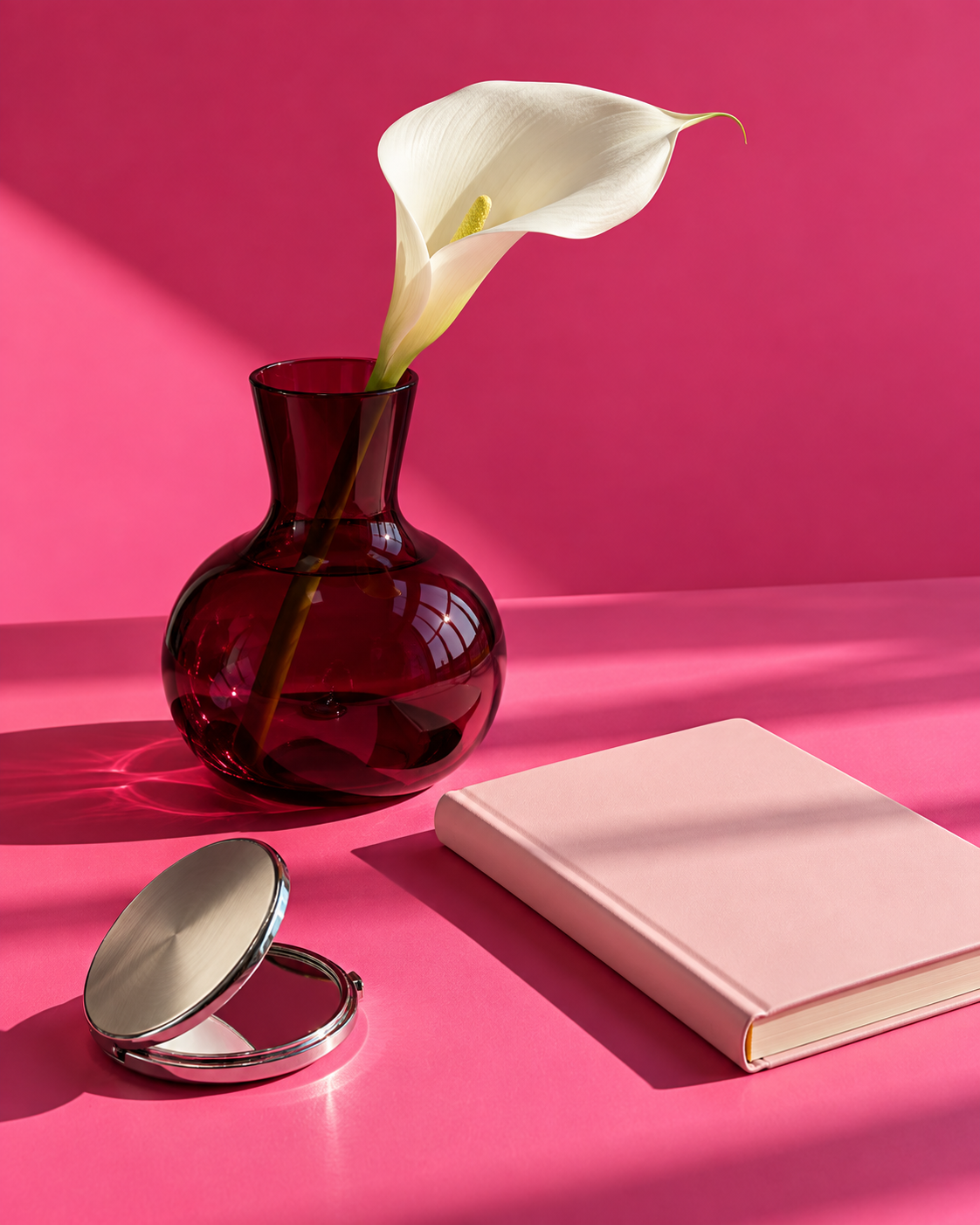 Elegancka kompozycja z kwiatem, lusterkiem i notesem na różowym tle